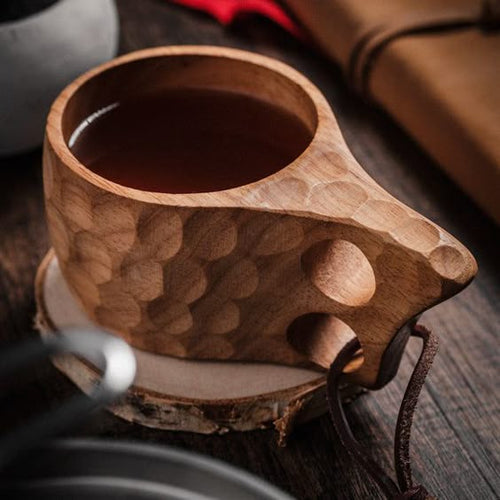 Handmade Wooden Camping Azees Mug - Rustic Carved Wood Coffee Cup