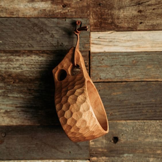 Handmade Wooden Camping Azees Mug - Rustic Carved Wood Coffee Cup