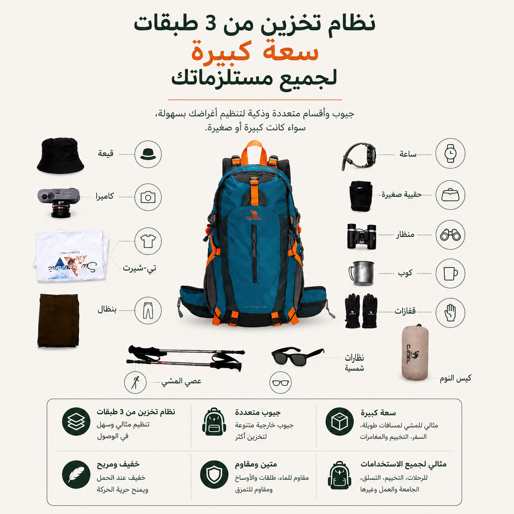 CAMEL 40L -   حقيبة ظهر للرحلات الجبلية والسفر والمغامرات